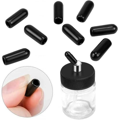 10pk 0.75oz Glass Airbrush Bottles,60°Siphon with Storage Lids & Cap | 60° siphon adapter fits Iwata/Master/Badger/Paasche. 10 glass jars + 5 sealing lids for storage + 10 silicone dust caps - size: G3PG