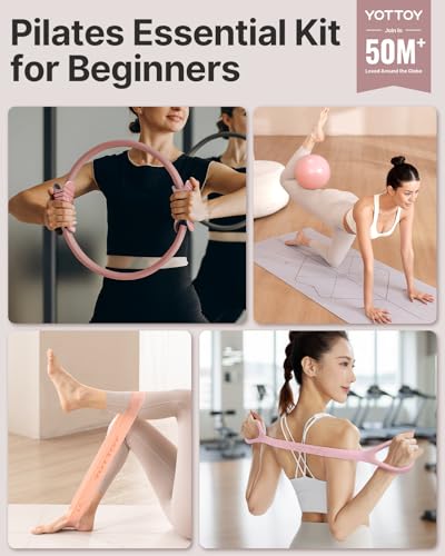 YOTTOY Pilates Ring and Ball Set, Figure 8 Resistance Bands, Stretch Bands&Guide,Pilates Equipment Set for Beginners for Home Workouts Core Strength, Yoga, Physical Therapy & Rehab - color: Pink, size: 13.5 Inch