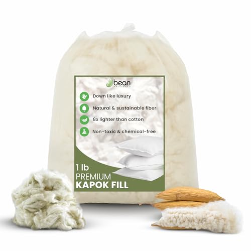 Bean Products Premium Kapok Fill | 1 lbs | 100% Organic Kapok Fiber | Chemical Free and Hypoallergenic | Perfect for Pillows, Pet Beds, Couches & More | Made in USA - size: 1 Pound (Pack of 1)