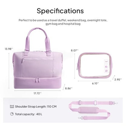 Travel Duffle Bag for Women, 40L Weekender Bags Airline Approved Carry On with Shoe Compartment & Waterproof Wet Pocket, Durable Nylon Weekender Overnight Bag for Travel, Gym, Business Trip, Purple - color: Purple