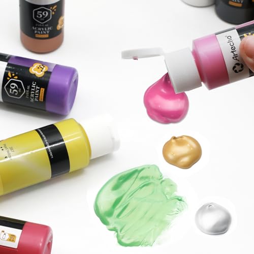 Artecho 12 Metallic Colors Acrylic Paint 59ml / 2oz Bottle | Semi Glossy Finish, High Pigment Rich Color Craft Paint for Canvas, Rocks, Wood, Fabric, Ceramic, Non-Toxic - color: Metallic Set, size: 24 Fl Oz (Pack of 1)