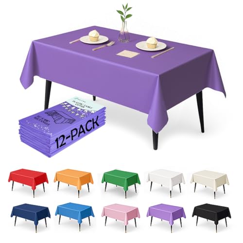 12-Pack Purple Plastic Tablecloths – 54 x 108 Inch Disposable Table Covers for Rectangle Tables, Heavy Duty & Waterproof for Parties, Events, Banquets, Purple - color: Purple, size: 54" x 108" Rectangle