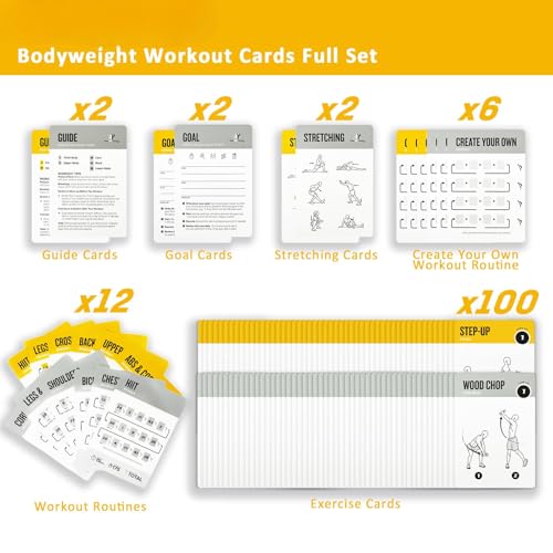 Bodyweight & Dumbbell Workout Cards - 100 Large 5"x3.5" Exercise Cards with 24 Strength Moves, Home & Gym Fitness Cards for Men & Women, Beginner Fitness Guide - color: Grey and Yellow