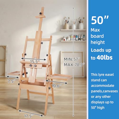 Large Horizontal Wooden Painting Easel, Holds up to 50'' | H-Frame Studio Easel Stand with Storage Drawer and Palettes, Suitable for Adults, Beginners, and Artists - style: Natural
