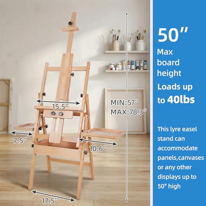 Large Horizontal Wooden Painting Easel, Holds up to 50'' | H-Frame Studio Easel Stand with Storage Drawer and Palettes, Suitable for Adults, Beginners, and Artists - style: Natural