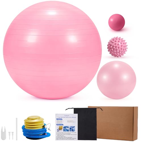 4Pcs Yoga Ball Set includes Large and 9in Pilates Balls, Massage & Spiky Ball for Fitness ,Anti-Burst Exercise Ball with Pumb for Pregnancy,Physical Therapy,Office Chair, Home Workout,3Sizes,3Colors - color: Pink, size: M(19-22inch/48-55cm)