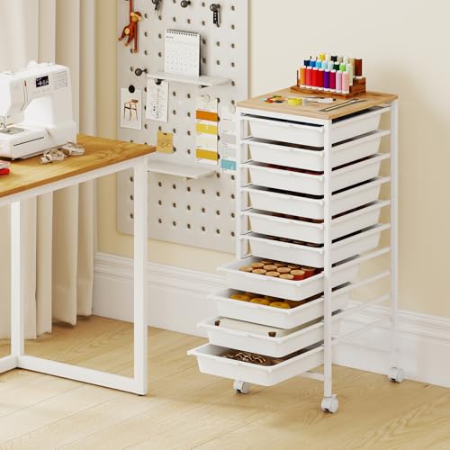 GOFLAME 10-Drawer Rolling Storage Cart, Craft Storage Cart with Wooden Tabletop and Lockable Wheels, Art Cart Supply Storage Organizer with Metal Frame for Home Office Classroom, White - color: White, size: 10-Drawer with Wood Top