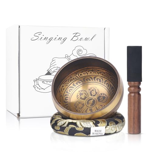 Kmise Tibetan Singing Bowls Set- Handmade in Nepal Meditation Sound Bowls for Yoga, Meditation, Mindfulness, Healing and Chakra Balancing, Stress Relief (4', Brown) - color: 4inch Brown