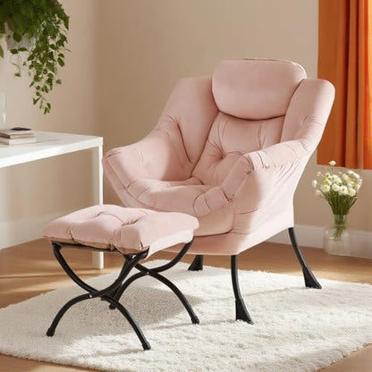 Tiita Lazy Chair with Ottoman, Comfy Reading Accent Chair, Velvet Pink | Foldable Footrest, Padded Seat and Backrest, Side Pocket for Lounging in Living Rooms, Bedrooms, Dorms and Small Spaces - color: Pink