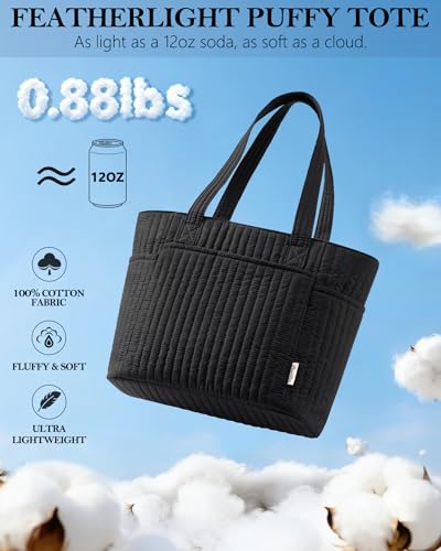 Bagstellar Quilted Tote Bag for Women Teacher Nurse Cotton Laptop Work Tote | Top Zip Closure Puffer Nursing School Travel Tote Bags with 40oz Cup Holder, Lightweight 14” Computer Shoulder Handbag Purses - color: Black