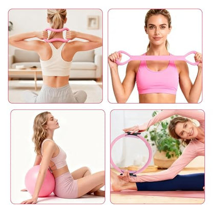 18 Pcs Pilates Kit for Home Workouts Women, 14" Magic Circle with Pilates Ring and Ball Set, 3 Fabric Resistance Bands & 5 Latex Bands for Core Strength, Toning & Flexibility.