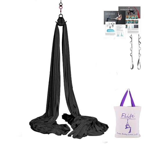 F.Life Aerial Silk 10 Yards Kit Durable Aerial Yoga Hammock with Hardware & Guide Aerial Swing for Acrobatic Flying Yoga - color: Black