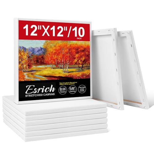ESRICH Stretched Canvas for Painting 12 x 12 Inch, 10 Pack Blank Canvas -5/8 Inch Profile Primed Cotton White Canvases for Painting for Oil & Acrylic Paint, Art Canvases for Painting for Adult & Kids. - size: 12X12IN 10 Packs