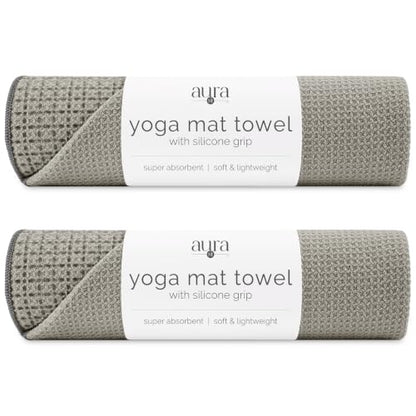 S&T INC. Aura Microfiber Yoga Mat Towel with Grip, 2 Pack, 24" x 72", Grey | Silicone Grip Backing, Soft and Absorbent, Quick-Dry for Gym, Pilates, and Hot Yoga, Compact for Gym Bag, Machine Washable - color: Grey 2pk