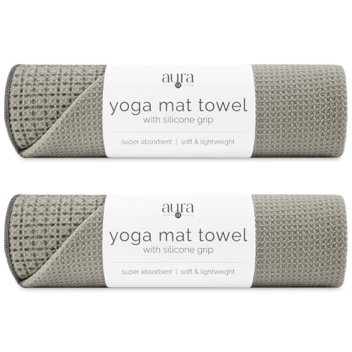 S&T INC. Aura Microfiber Yoga Mat Towel with Grip, 2 Pack, 24" x 72", Grey | Silicone Grip Backing, Soft and Absorbent, Quick-Dry for Gym, Pilates, and Hot Yoga, Compact for Gym Bag, Machine Washable - color: Grey 2pk