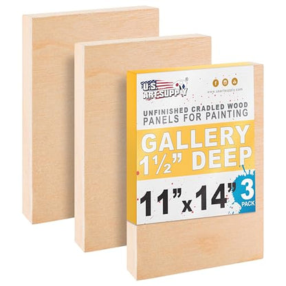 U.S. Art Supply 11" x 14" Unfinished Cradled Wood Panels for Painting, Gallery 1-1/2" Deep (3 Pack) - Artist Depth Wooden Wall Canvases - Mixed-Media Craft, Acrylic, Oil, Encaustic, Paint Pouring - style: 11 Inch x 14 Inch