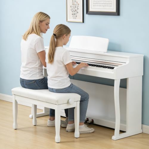Adjustable Height Duet Piano Bench, Wooden Piano Stool with Waterproof Padded Cushion, Bench Seat for Vanity, Bedroom, Living Room, White - color: Duet-white