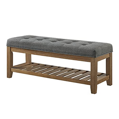 24KF Large Rectangular Upholstered Tufted Linen Fabric Ottoman Bench, Padded Bench with Solid Wood Shelf-Granite - color: Granite-bench, size: 15.8"D x 44"W x 18"H