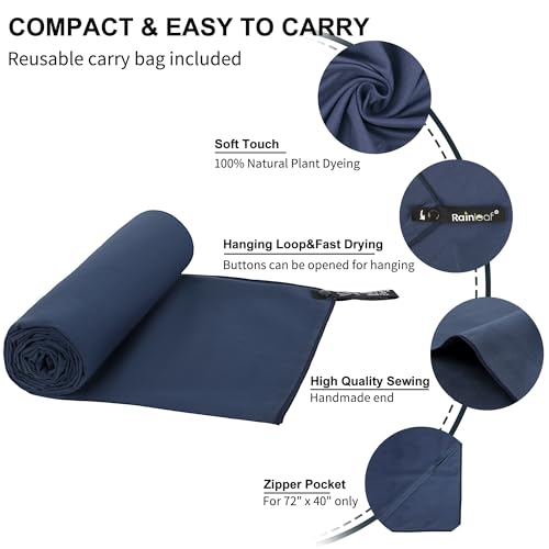 Rainleaf Microfiber Towel Quick Dry Camping & Travel & Gym Towel. Compact - color: Navy Blue, size: 48.00" x 24.00"