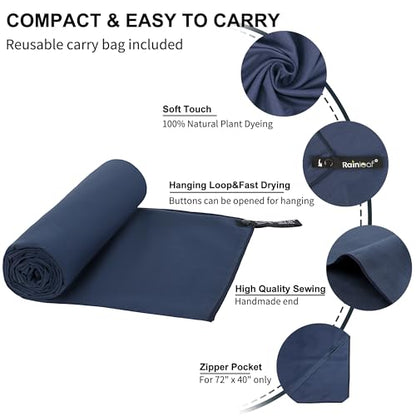 Rainleaf Microfiber Towel Quick Dry Camping & Travel & Gym Towel. Compact - color: Navy Blue, size: 32.00" x 16.00"
