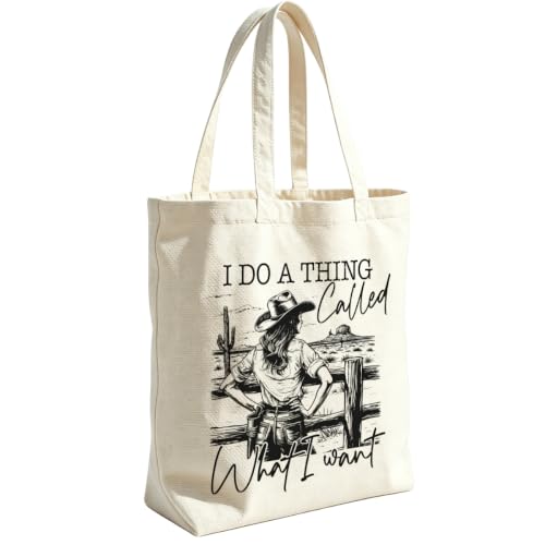 VICBOU Western Cow Skull Canvas Tote Bag for Women Girls, Cowgirl Shoulder Bag with Pocket for Beach Shopping Work - color: Cowgirl01