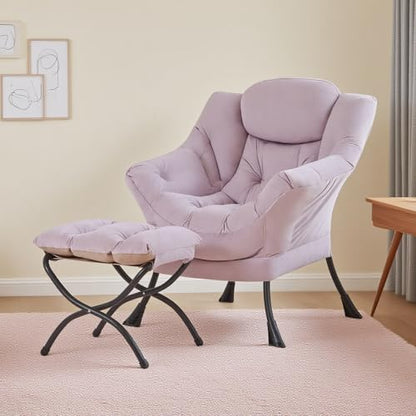 Tiita Lazy Chair with Ottoman, Comfy Reading Accent Chair, Light Purple | Foldable Footrest, Padded Seat and Backrest, Side Pocket for Lounging in Living Rooms, Bedrooms, Dorms and Small Spaces - color: Light Purple