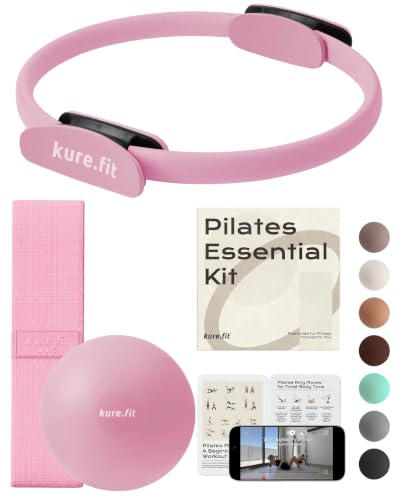 Pilates Kit | Pilates Equipment Set for Home Workouts | Accessories & Guide | Matching-color Pilates ball, Pilates ring, resistance bands, Pilates accessories, video tutorials & gift box for home use. - color: Pink, style: Essential Kit - 3PC