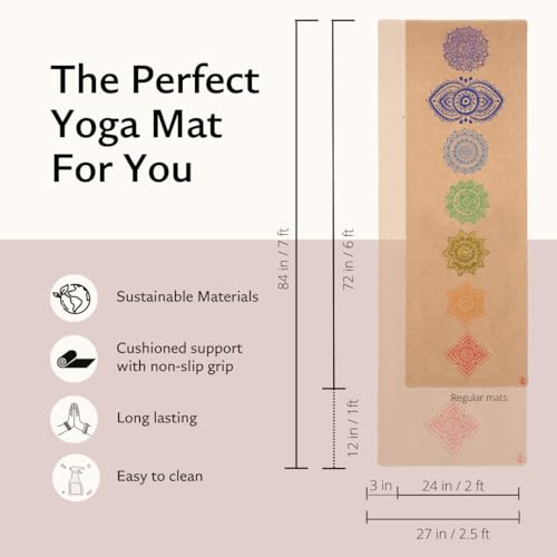 Shakti Warrior Chakra Cork Yoga Mat, Extra Long, 84 x 27 Inch, 2mm Thick