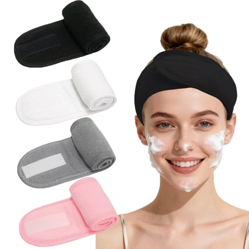 4 Pack Adjustable Makeup Headbands – Non-Slip Spa Facial Headband & Facial Hair Wrap, Adjustable Washable Towel for Shower, Yoga, Gym, Salon & Home Use (Fits All), HZFD-AA - color: White + Black + Gray + Light Pink