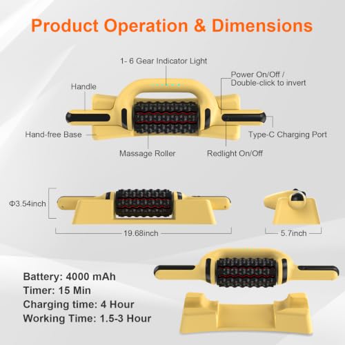 Electric Lymphatic Massager Roller with Red Light for Lymphatic Drainage | Electric Handheld Percussive Massager with redlight for Cellulite Massage, 6-Speed Foot Massager Roller with Hands-Free Base - color: Yellow