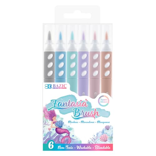 BAZIC Brush Markers 6 Pastel Colors, Fine Line Washable Coloring Marker, Non Toxic Drawing Gift for Art School Supplies (6/Pack), 1-Pack | brush + 0.4 mm fine tip, non-toxic, lettering, journaling, art - color: Pastel Color, size: 1-Pack