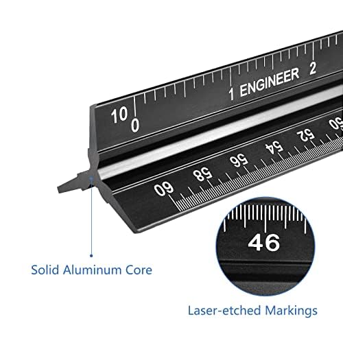 Engineer Scale Ruler, Imperial Measurements 12'', Laser-Etched Aluminum Architect Triangular Ruler Black for Architects, Students, Draftsman, and Engineers | Black, Laser-Etched Aluminum Architect Triangular Ruler for Architects, Students, Draftsman, and