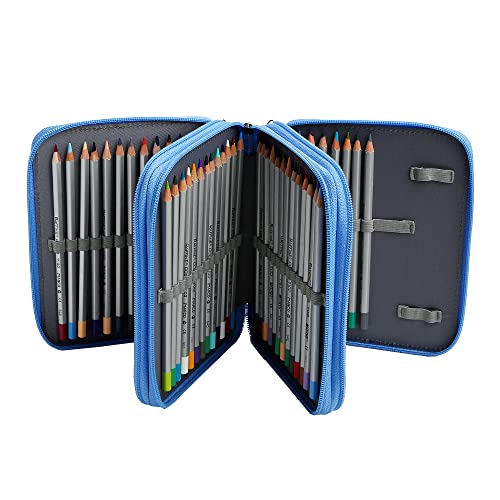 72 Slots Pencil Case Organizer w/Removal Handle Strap | 3-Layer Zipped Pencils Box Large for Colored Pencils Watercolor Pencils for Office and Travel for Artist - color: Blue+Flower