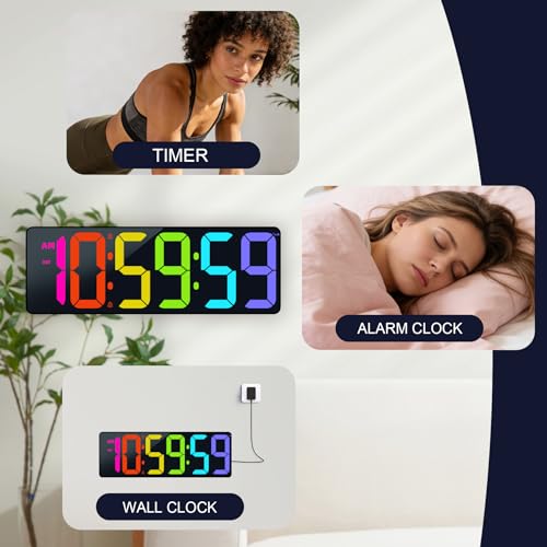 TXL 17.2" Bluetooth Digital Wall Clock with Seconds, Large Countdown Timer for Classroom Home Gym Kitchen Office, Alarm Clock with Remote Control, 4 Dimmable Brightness, Auto DST (RGB) - color: Rgb