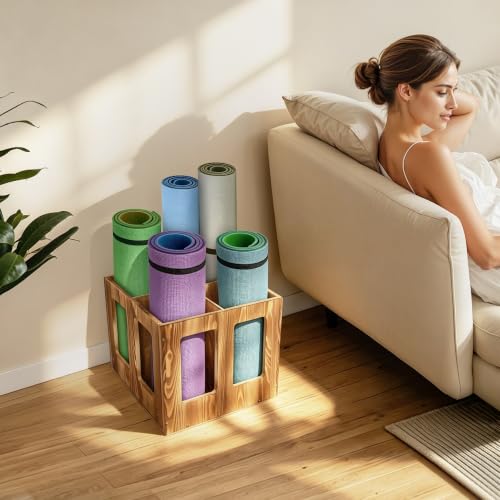 4-Slot Vintage Wood Yoga Mat Holder Storage Organizer, Versatile