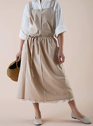 Cotton Pleated Apron Retro Waterdrop Proof Garden Cleaning Pinafore Dress - color: Wheat