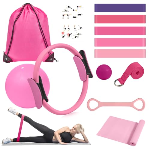 HASHMUST Pilates Ring Kit 12 PCS for Women, Home Workout Equipment with Magic Circle, Mini Exercise Ball, Resistance Bands, Massage Lacrosse, Yoga Strap, Full-Body Fitness Set for Toning & Gift - color: Pink