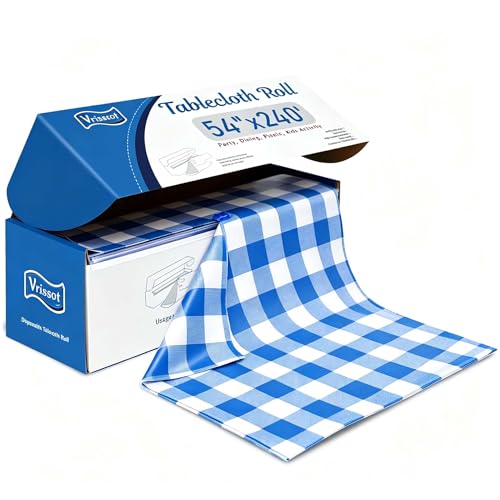 Disposable Blue & White Checkered Plastic Table Cover Roll 54in X 240ft - Heavy Duty Waterproof Tablecloth with Easy Slide Cutter for Parties, Picnics & Barbecues - color: Blue Checkered, size: 2880" x 54" (Rectangular)