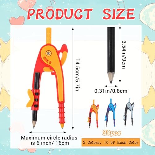 30 Pcs Math Geometry Compass Bulk, 6 Inch Plastic Drawing Compass with Pencils for Math Office Woodworking Art Drawing Supplies (Bright Color)