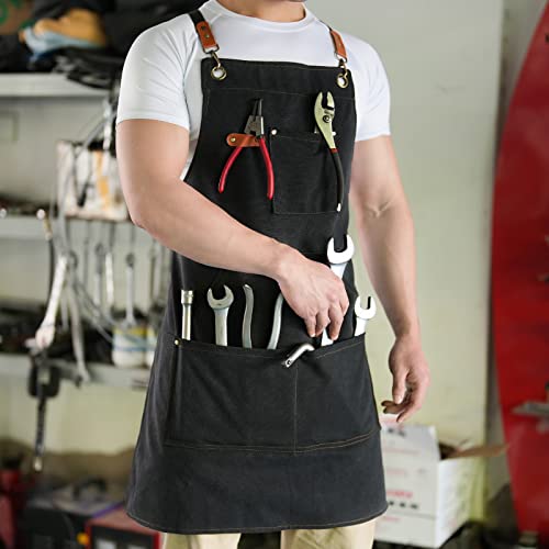 Aoomzoon Canvas Aprons for Men Chef Apron, Work Apron with Large Pockets - 16oz Heavy Duty Cross Back, BBQ, Cooking - color: Black②