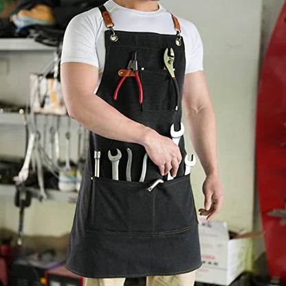 Aoomzoon Canvas Aprons for Men Chef Apron, Work Apron with Large Pockets - 16oz Heavy Duty Cross Back, BBQ, Cooking - color: Black②