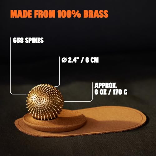 ShaktiMat Wonderball Acupressure Massage Ball, Cast in Brass with Natural Cork Rolling Mat & Stand Included | Activate Trigger Points Like Acupuncture to Relieve Tension and Stress and Help Relax | Spiky Massage Ball, Activate Trigger Points Like Acupunct