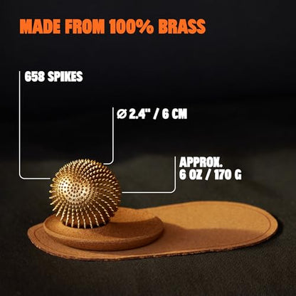 ShaktiMat Wonderball Acupressure Massage Ball, Cast in Brass with Natural Cork Rolling Mat & Stand Included | Activate Trigger Points Like Acupuncture to Relieve Tension and Stress and Help Relax | Spiky Massage Ball, Activate Trigger Points Like Acupunct