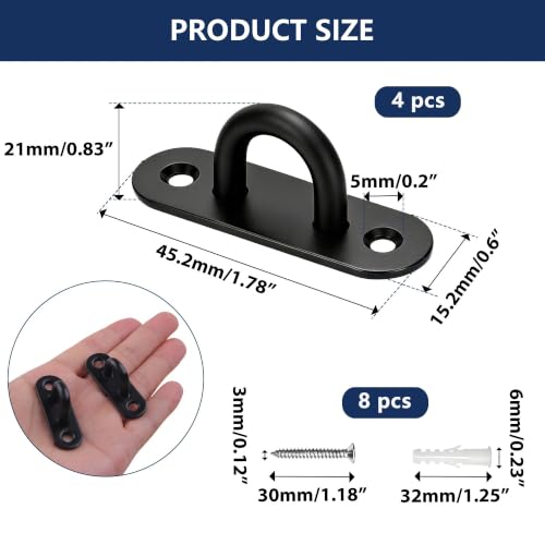 4 Pcs 304 Stainless Steel Black Oval Pad Eye Plate, 46x16mm Compact 2-Hole Ceiling Mount U-Bracket with Screws & Anchors – Marine Hardware for Hammock, Swing, Plants, Narrow Beams (46mm*16mm) - size: 46mm*16mm