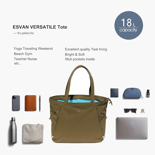 ESVAN Yoga Tote Bag for Women Shoulder Bags Drawstring for Office Workout Travel Carryall Pilates Gym and Beach - color: Nylon Dark Green