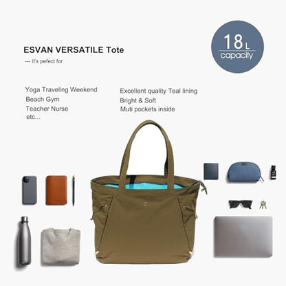 ESVAN Yoga Tote Bag for Women Shoulder Bags Drawstring for Office Workout Travel Carryall Pilates Gym and Beach - color: Nylon Dark Green