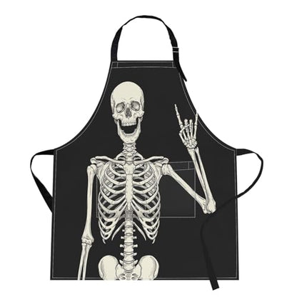 Apron with Pockets, 32x28 inch, for Women Men, Black Skull | Halloween Skeleton Rock Waterproof Adjustable Bib Aprons for Kitchen Cooking Baking Painting Gardening - color: Black Skull