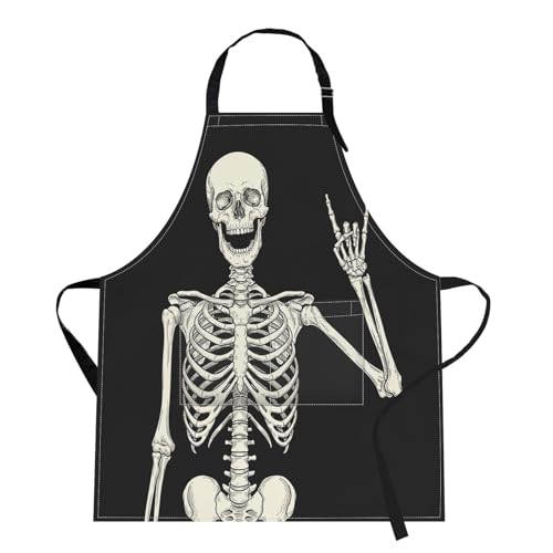 Apron with Pockets, 32x28 inch, for Women Men, Black Skull | Halloween Skeleton Rock Waterproof Adjustable Bib Aprons for Kitchen Cooking Baking Painting Gardening - color: Black Skull