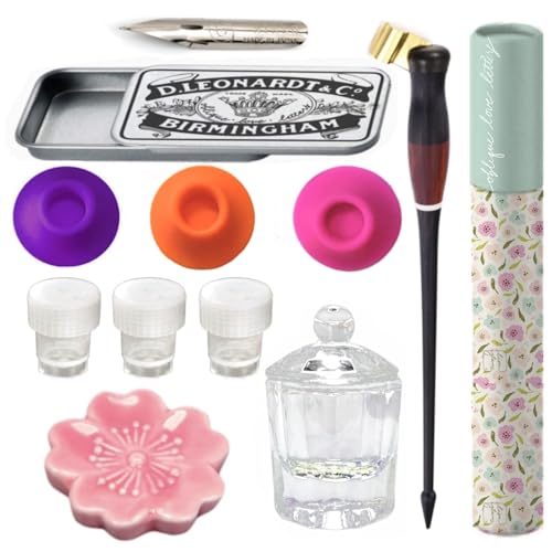 Oblique Calligraphy Pen Holder Set – Hand-Adjusted Brass Flange, Ergonomic Dip Pen, Leakproof Inkwell, Ceramic Pen Rest & Instruction Guide – Ideal for Copperplate, Spencerian & Modern Calligraphy - style: Oblique Pen Set w/ Cherry Blossom Pen Rest