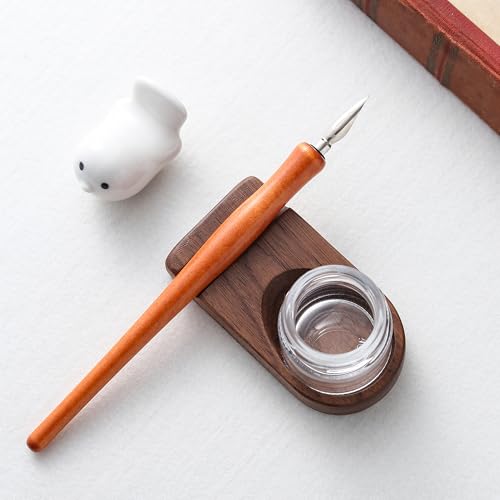 Wooden Calligraphy Brush Holder with Glass Inkwell Container, Set with Angled Tip Holder Base (Upgraded One Glass Ink) - style: Upgraded One Glass Ink